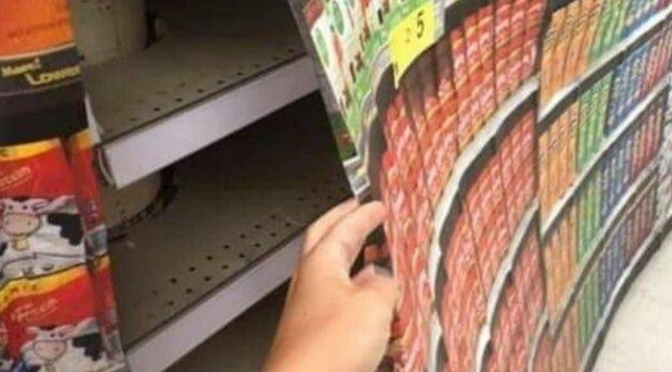 Re-education camps announced by the CDC, grocery stores display cardboard food printouts to hide bare shelves while Biden babbles 